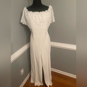 White Off-Shoulder Lace Bodice Jumpsuit